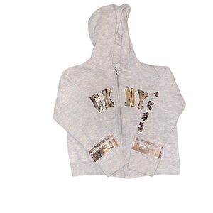 DKNY girls sequined zip hoodie with pockets. Heather Gray. Size 6